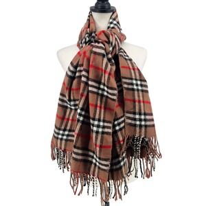 Royal Rossi Thick Cashmere Wrap Scarf Fringe OS Camel Tan Check Plaid 67"x28"